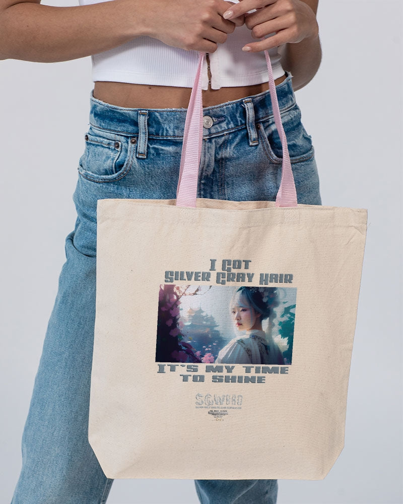 Asian sister with silver grey hair Canvas Tote with Contrast-Color Handles | Q-Tees