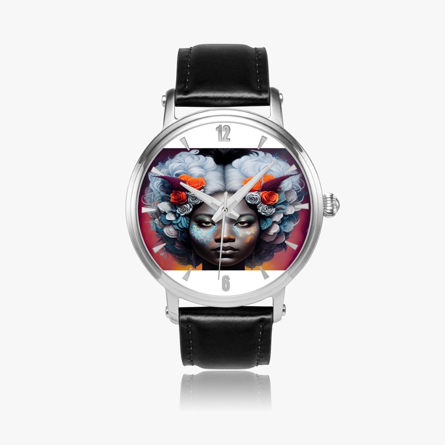 Black woman clock face Silver grey white hair inspiration 46mm Unisex Automatic Watch (Silver)