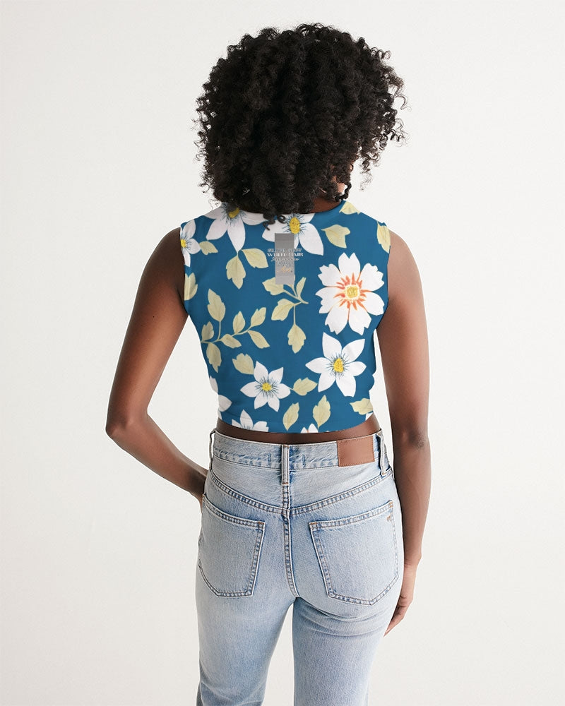 Dark blue background and white flower pattern Women's  All-Over Print Twist-Front Tank