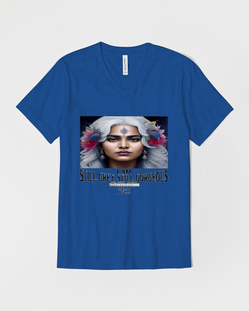 Promoting Indian women with silver grey hair Unisex Jersey V-Neck Tee | Bella + Canvas