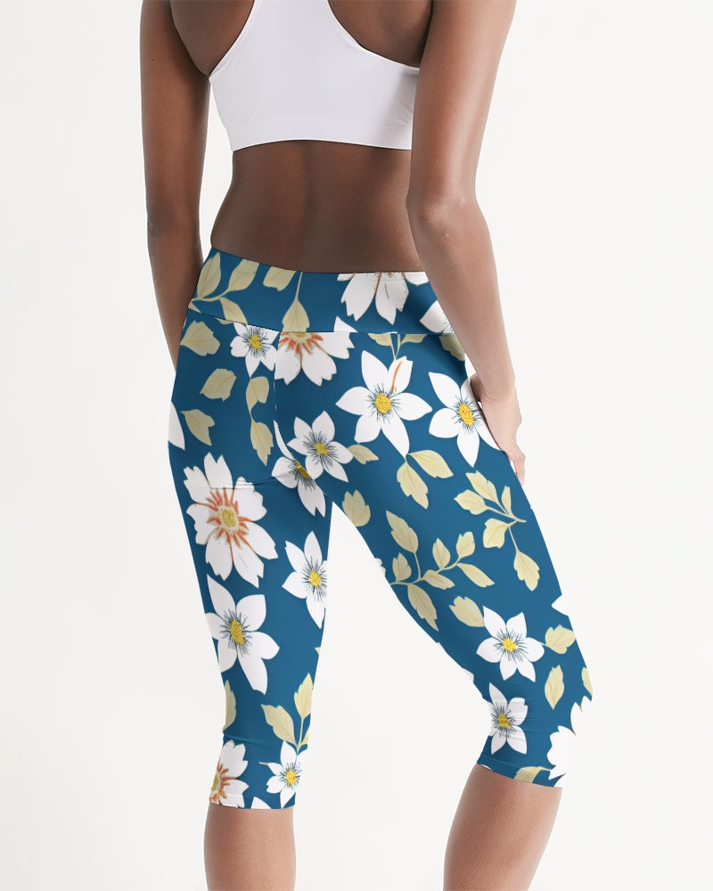 Dark blue background and white flower pattern Women's All-Over Print Mid-Rise Capri