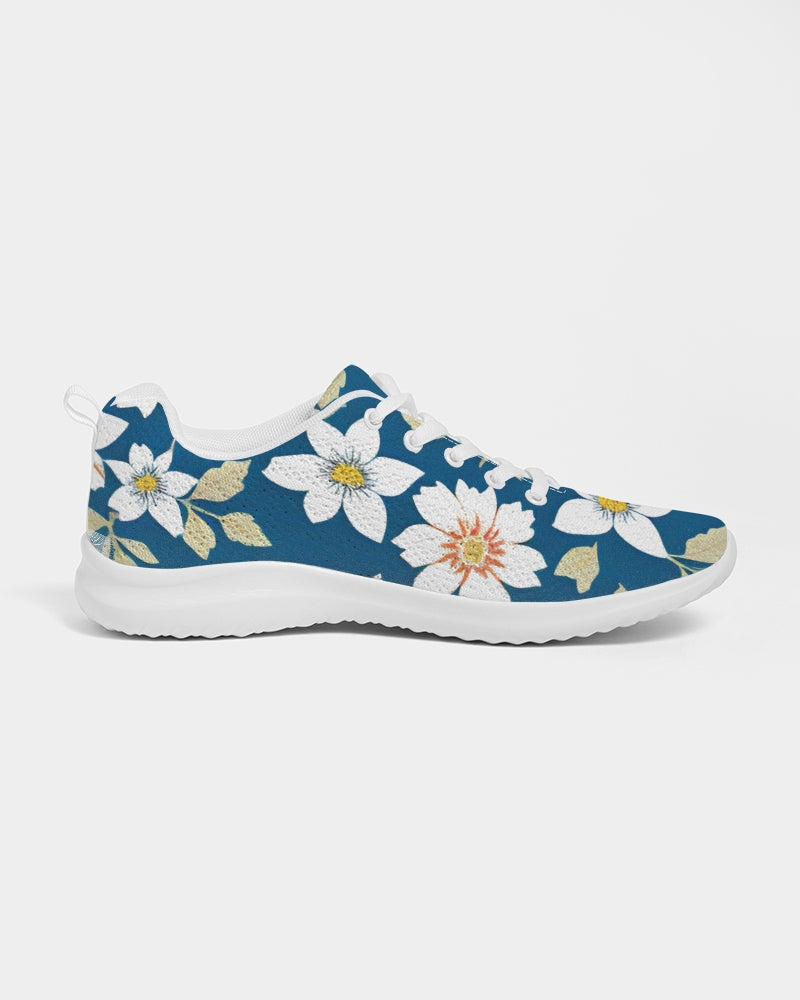 Dark blue background and white flower pattern Women's Athletic Shoe