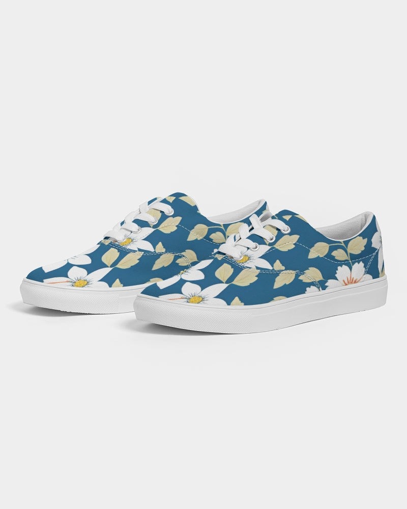 Dark blue background and white flower pattern Women's Lace Up Canvas Shoe