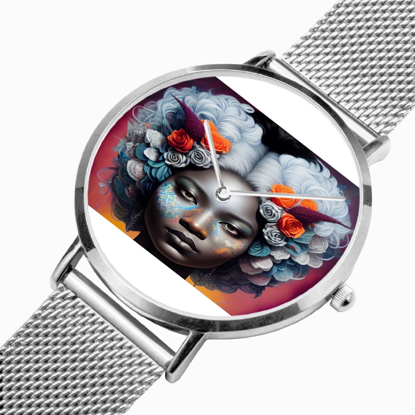 Black woman clock face Silver grey white hair inspiration Fashion Ultra-thin Stainless Steel Quartz Watch