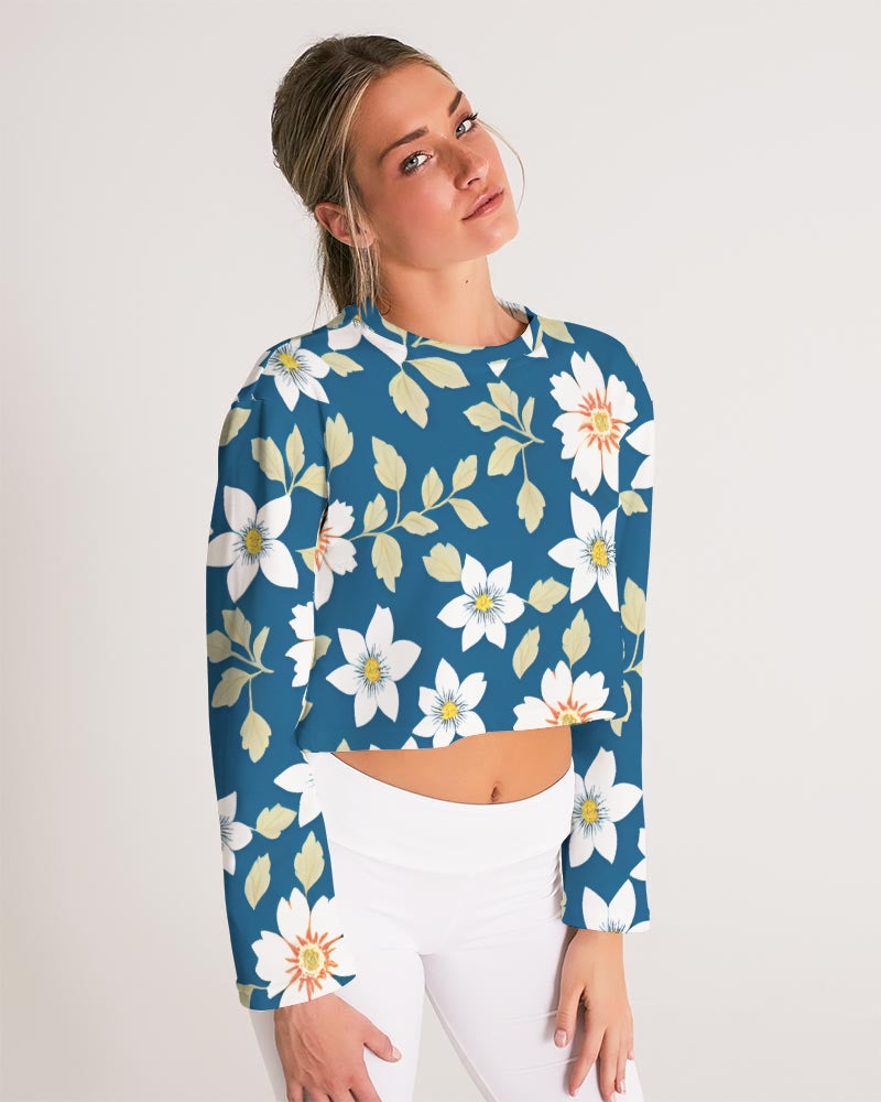 Dark blue background and white flower pattern Women's All-Over Print Cropped Sweatshirt