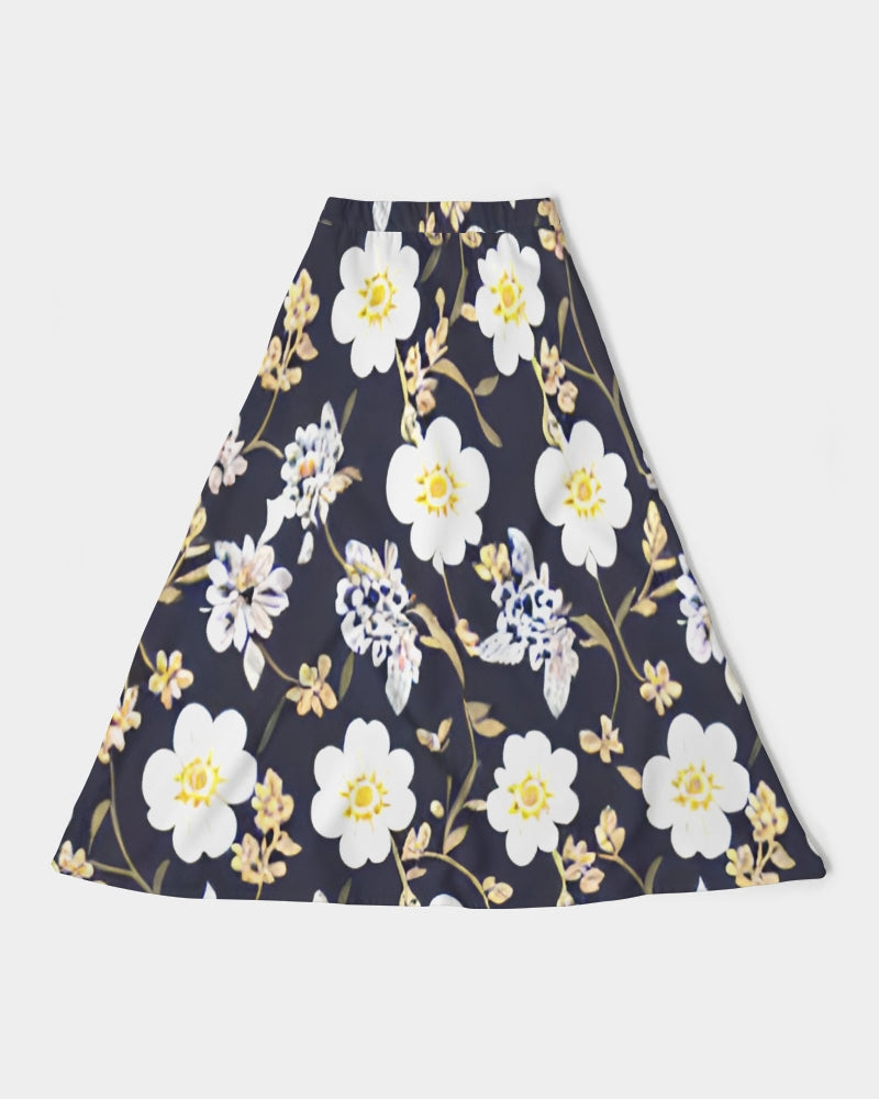 Pink flower black background Women's All-Over Print A-Line Midi Skirt