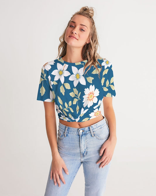 Dark blue background and white flower pattern Women's All-Over Print Twist-Front Cropped Tee