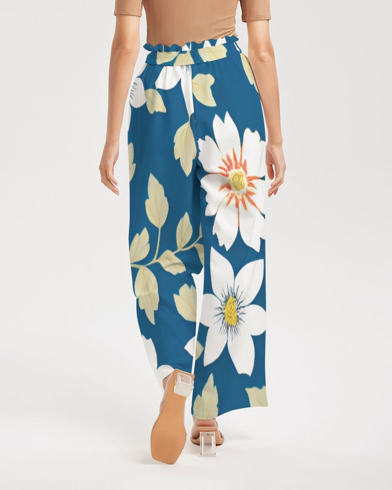 Dark blue background and white flower pattern Women's All-Over Print High-Rise Wide Leg Pants