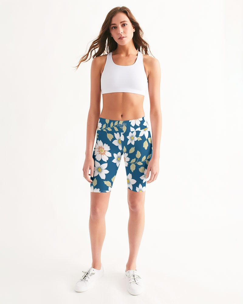 Dark blue background and white flower pattern Women's All-Over Print Mid-Rise Bike Shorts