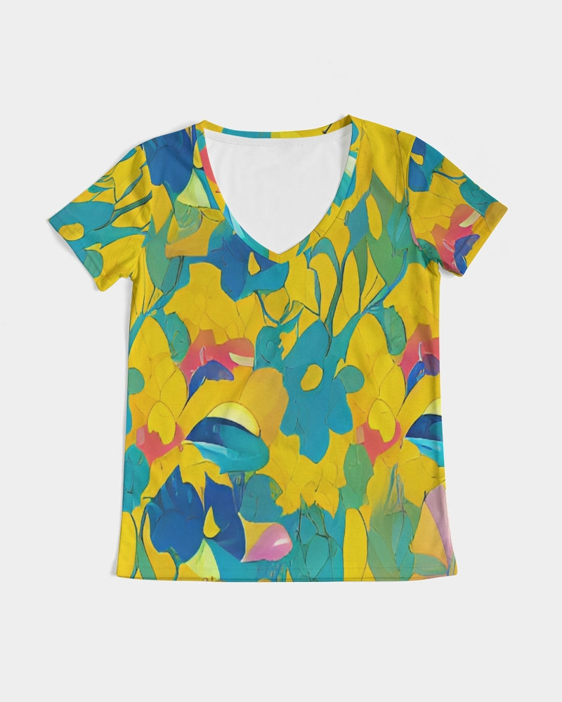 Beautiful yellow and blue hint of red pattern Women's V-Neck Tee