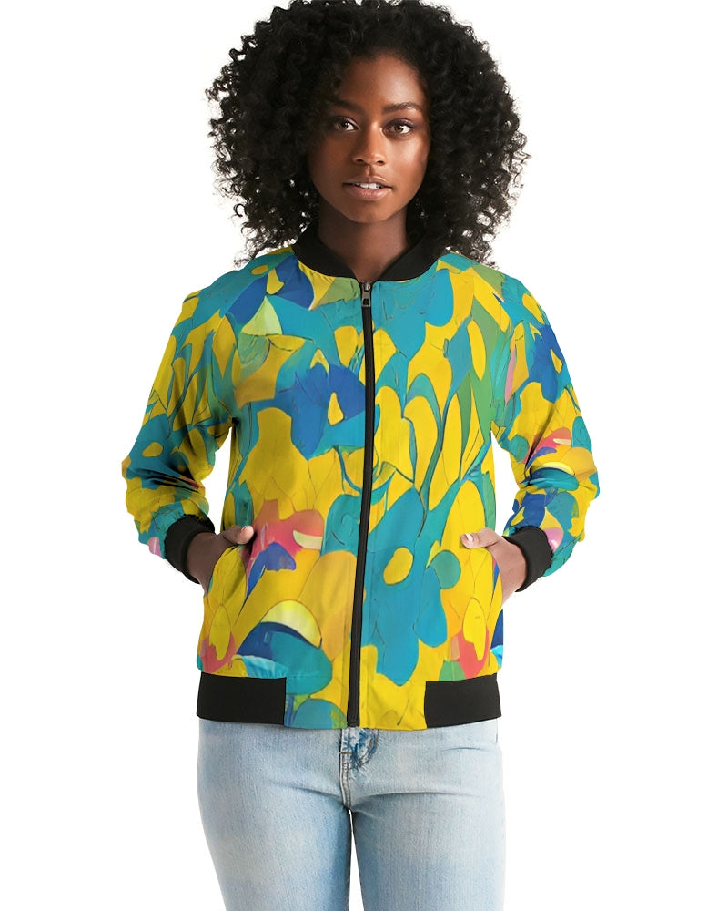Beautiful yellow and blue hint of red pattern Women's Bomber Jacket