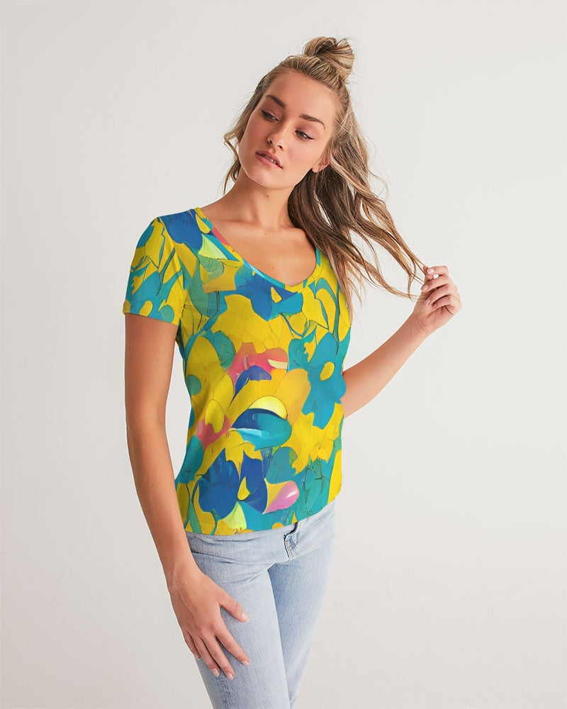 Beautiful yellow and blue hint of red pattern Women's V-Neck Tee