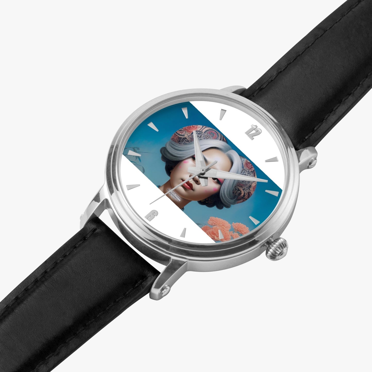 Asian woman clock face Silver grey white hair inspiration 46mm Unisex Automatic Watch (Silver)