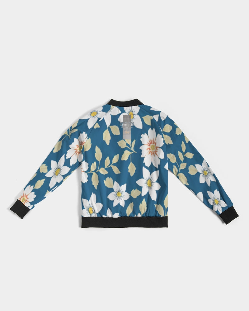 Dark blue background and white flower pattern Women's All-Over Print Bomber Jacket