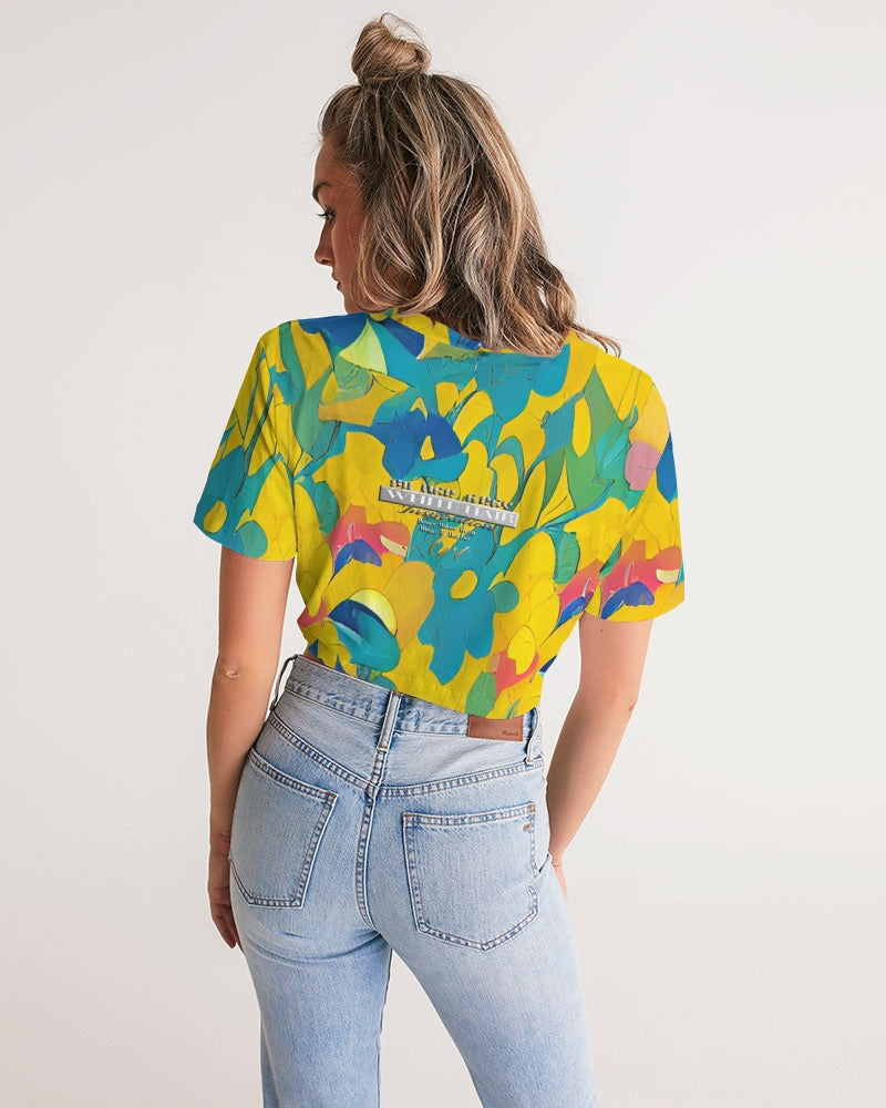 Beautiful yellow and blue hint of red pattern Women's Twist-Front Cropped Tee