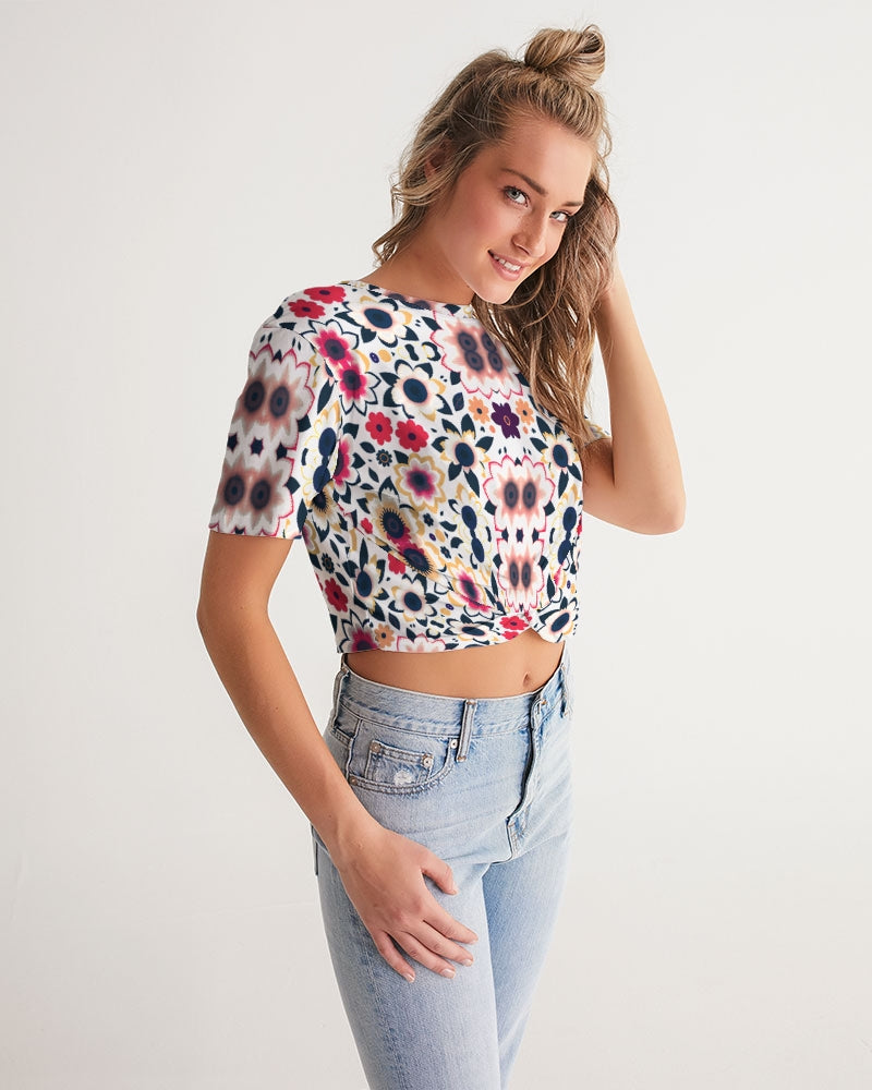 Abstract flower pattern Women's All-Over Print Twist-Front Cropped Tee