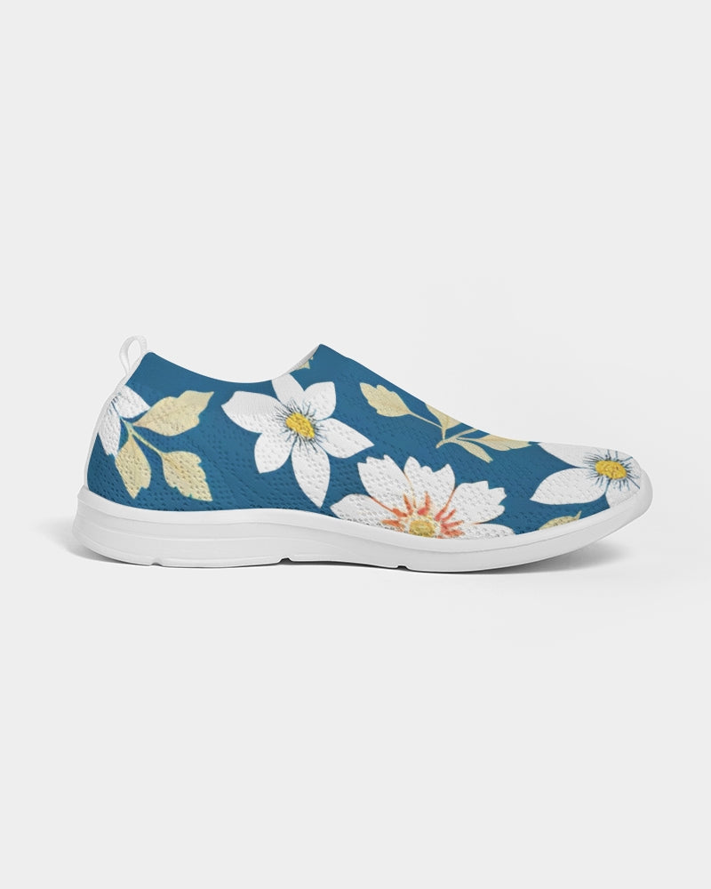 Dark blue background and white flower pattern Women's Slip-On Flyknit Shoe