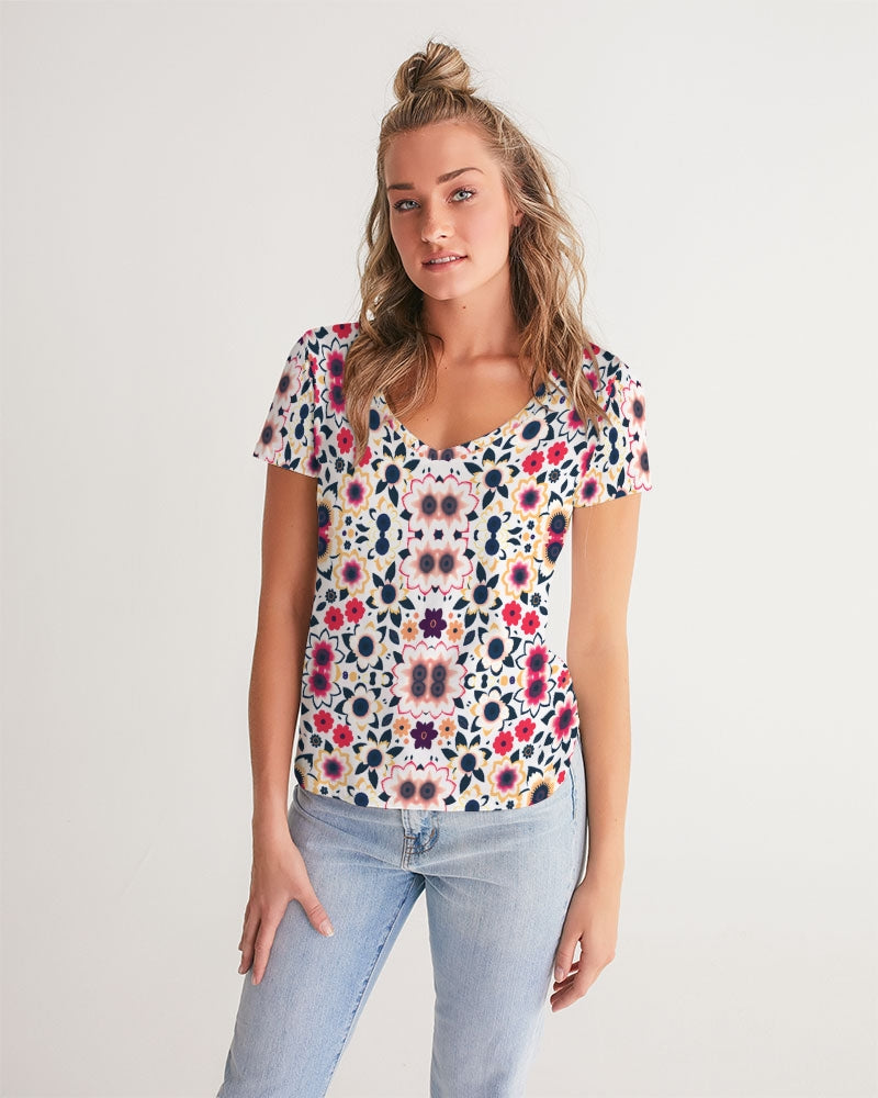 Abstract flower pattern Women's All-Over Print V-Neck Tee