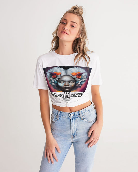 Promoting black women with silver grey hair Women's Twist-Front Cropped Tee