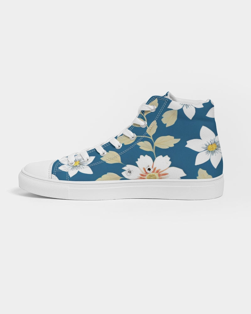 Dark blue background and white flower pattern Women's Hightop Canvas Shoe