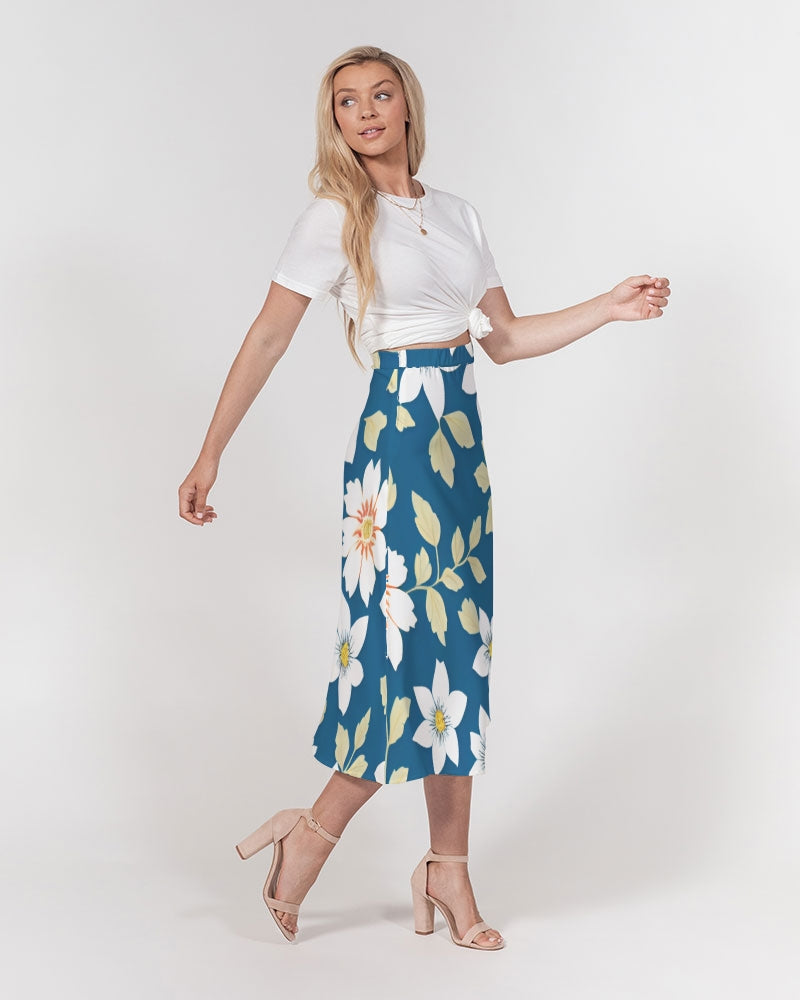 Dark blue background and white flower pattern Women's All-Over Print A-Line Midi Skirt