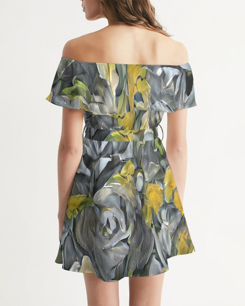 Orange and yellow and grey abstract design of Roses Women's Off-Shoulder Dress