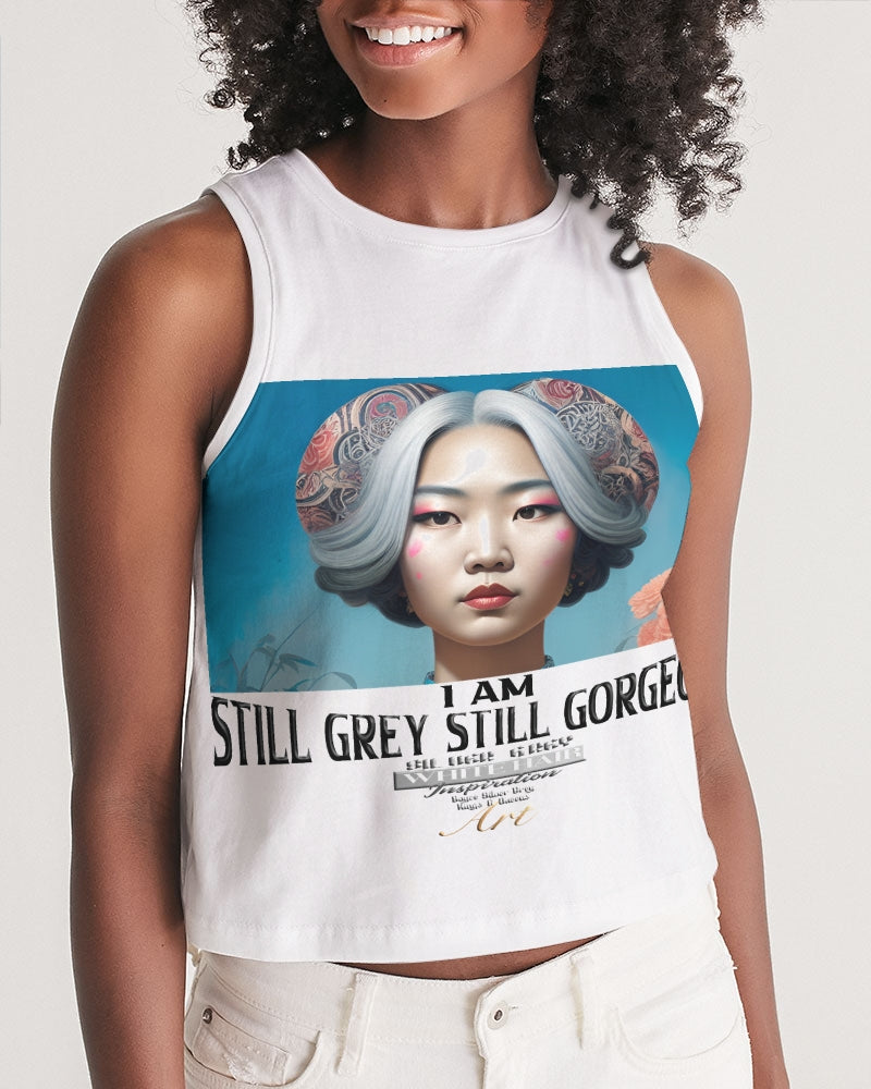 Promoting Asian women with silver grey Women's Cropped Tank