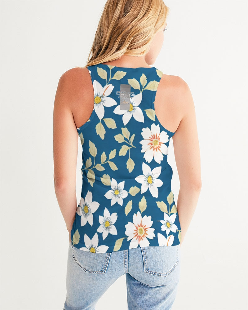 Dark blue background and white flower pattern Women's All-Over Print Tank