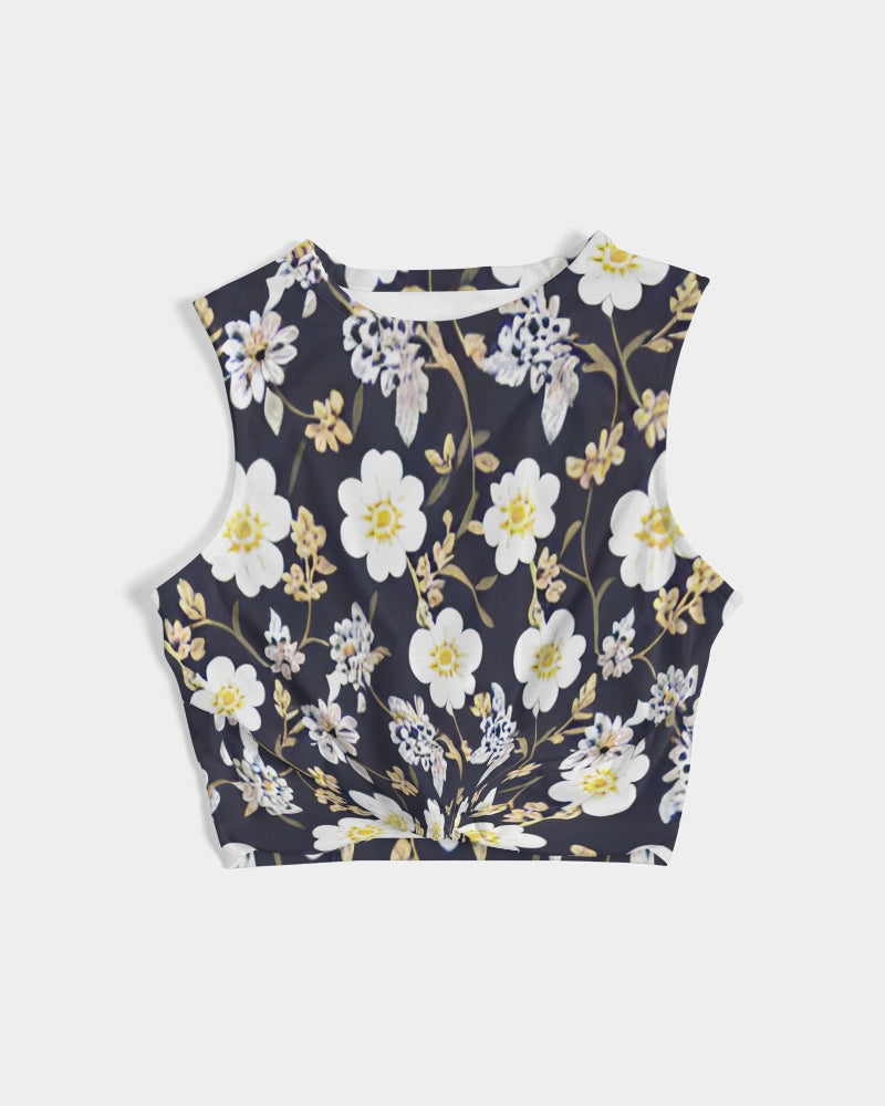 Pink flower black background Women's  All-Over Print Twist-Front Tank