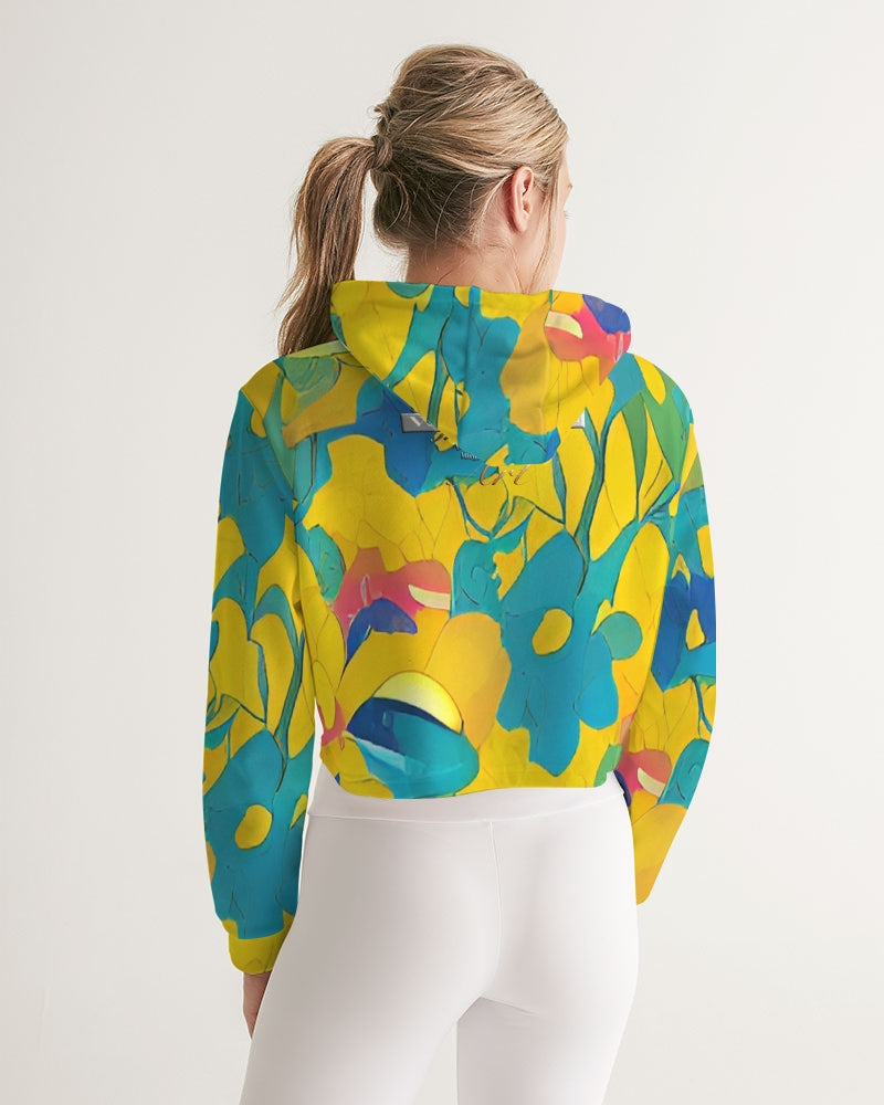 Beautiful yellow and blue hint of red pattern Women's Cropped Hoodie