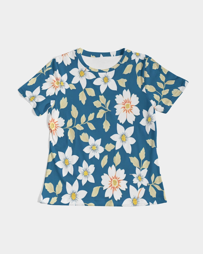 Dark blue background and white flower pattern Women's All-Over Print Tee