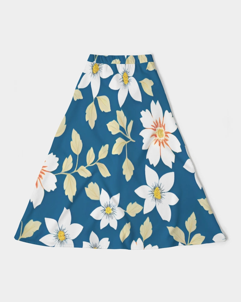 Dark blue background and white flower pattern Women's All-Over Print A-Line Midi Skirt