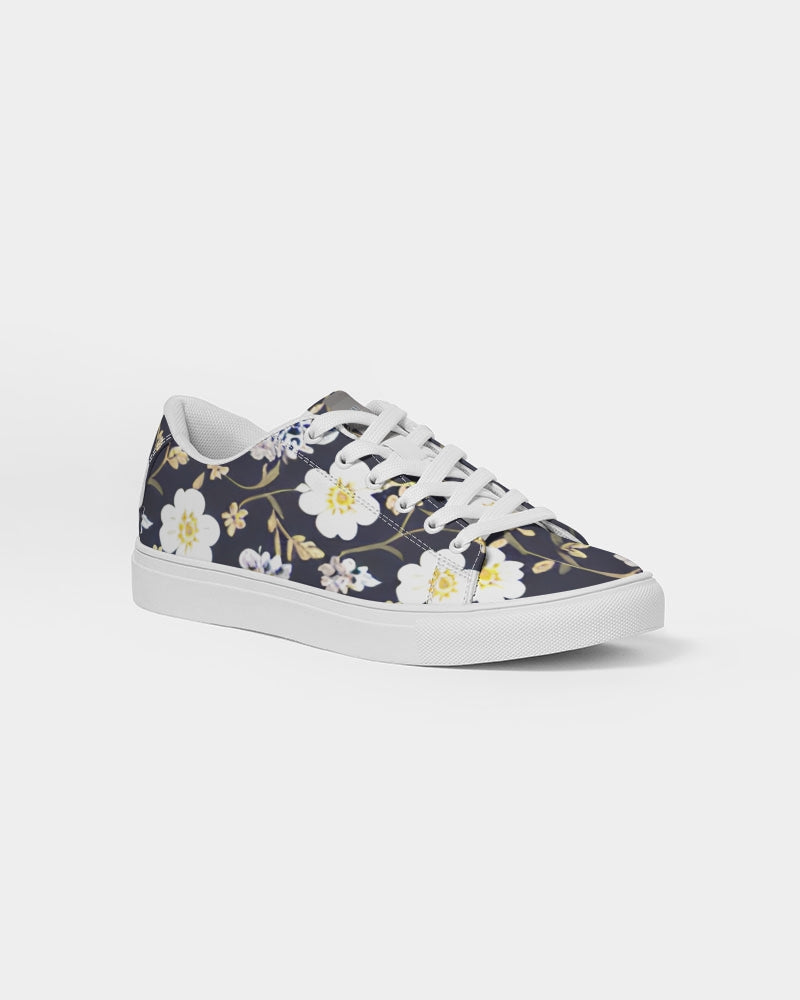 Pink flower black background Women's Faux-Leather Sneaker