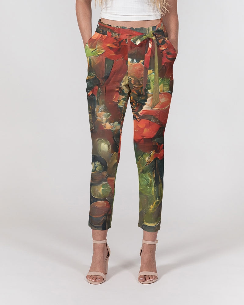 Abstract Rose design Women's Belted Tapered Pants