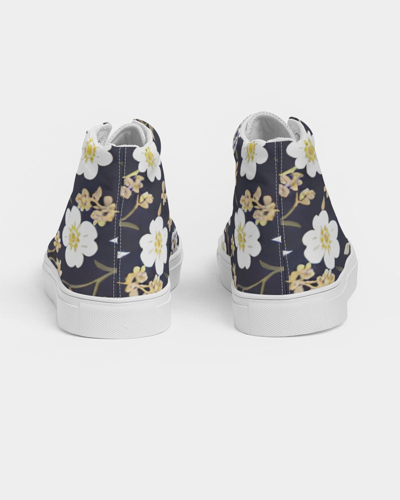 Pink flower black background Women's Hightop Canvas Shoe