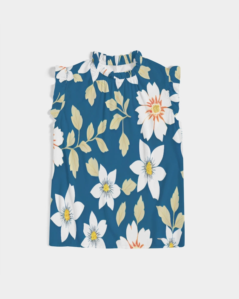 Dark blue background and white flower pattern Women's All-Over Print Ruffle Sleeve Top