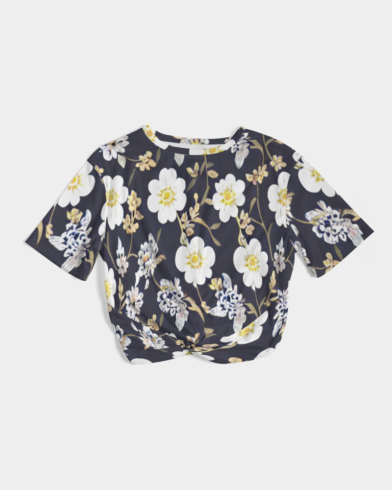 Pink flower black background Women's All-Over Print Twist-Front Cropped Tee