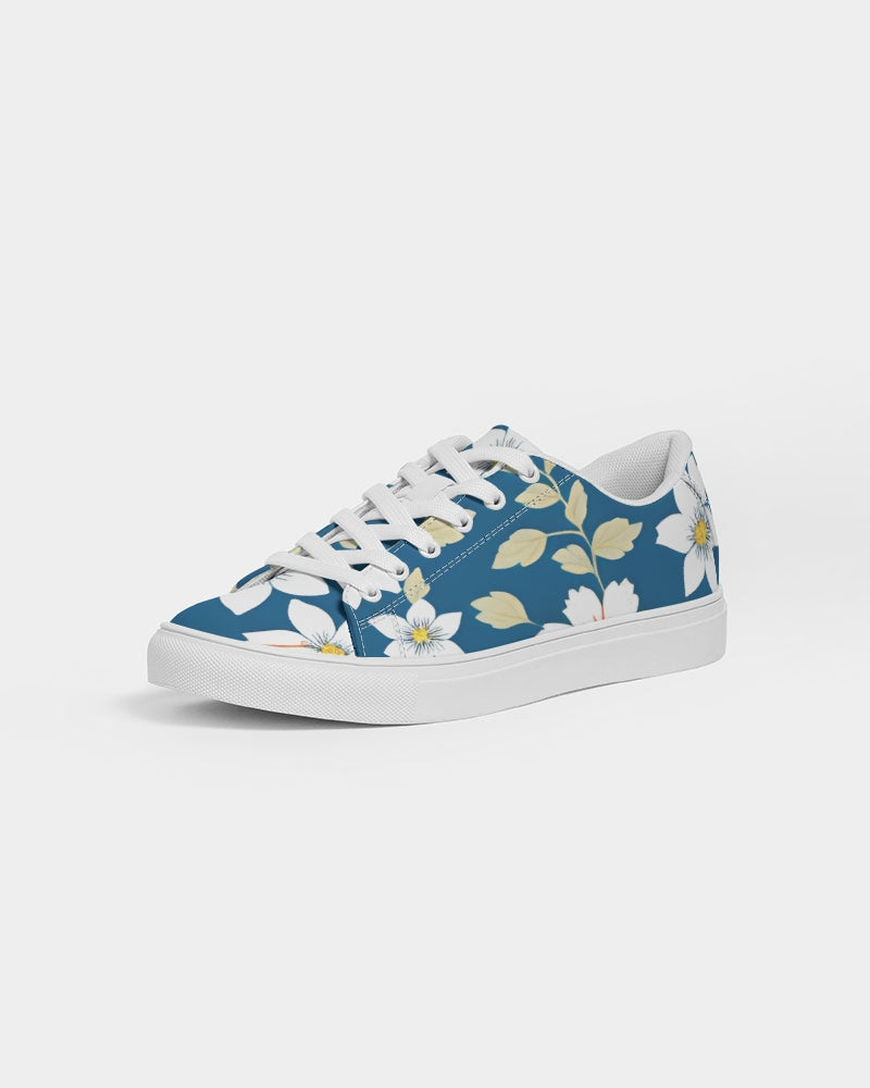 Dark blue background and white flower pattern Women's Faux-Leather Sneaker