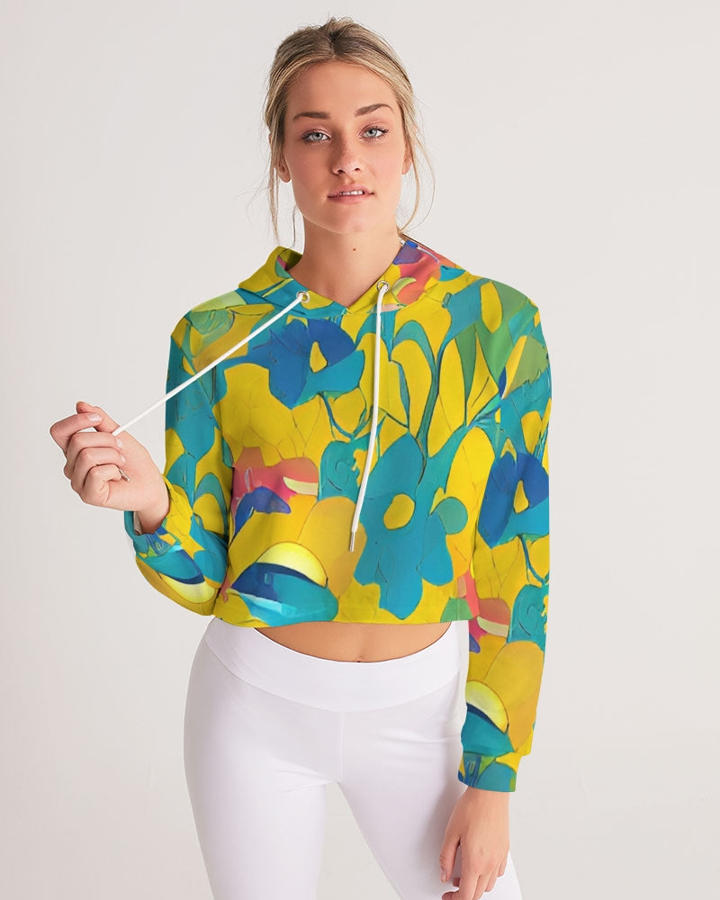 Beautiful yellow and blue hint of red pattern Women's Cropped Hoodie