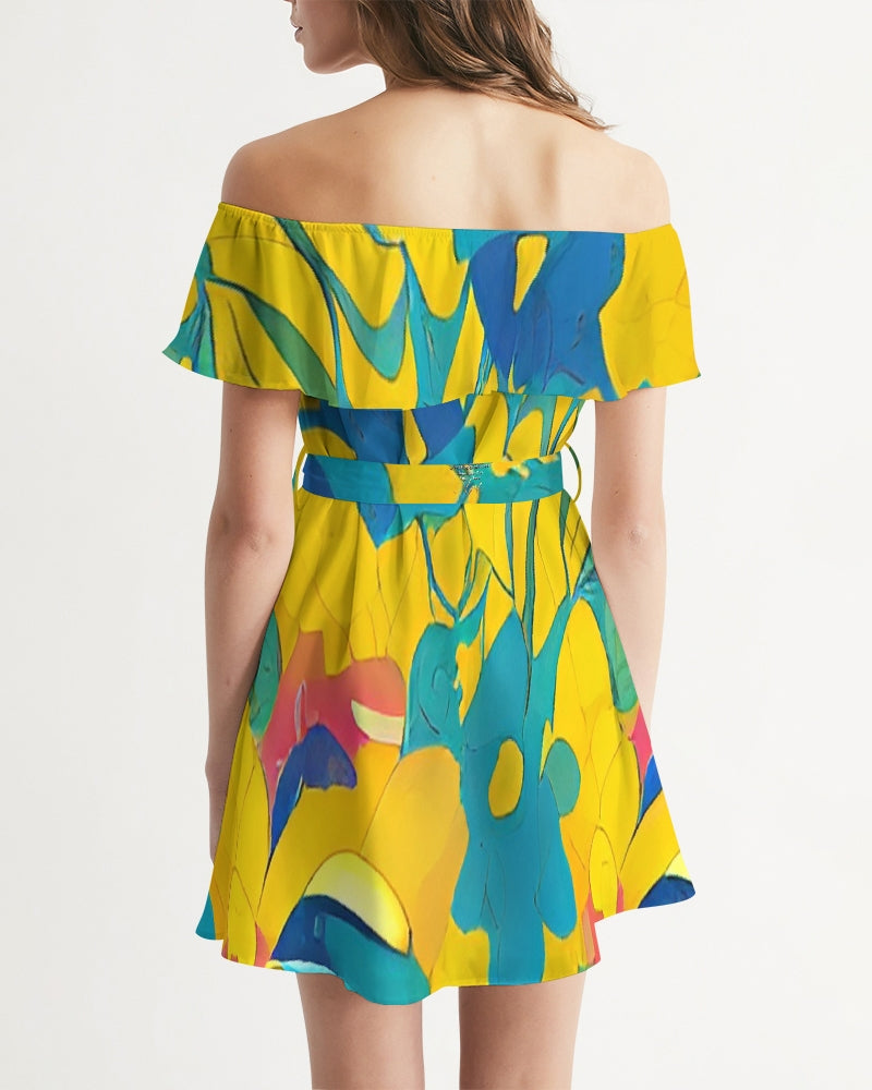 Beautiful yellow and blue hint of red pattern Women's Off-Shoulder Dress