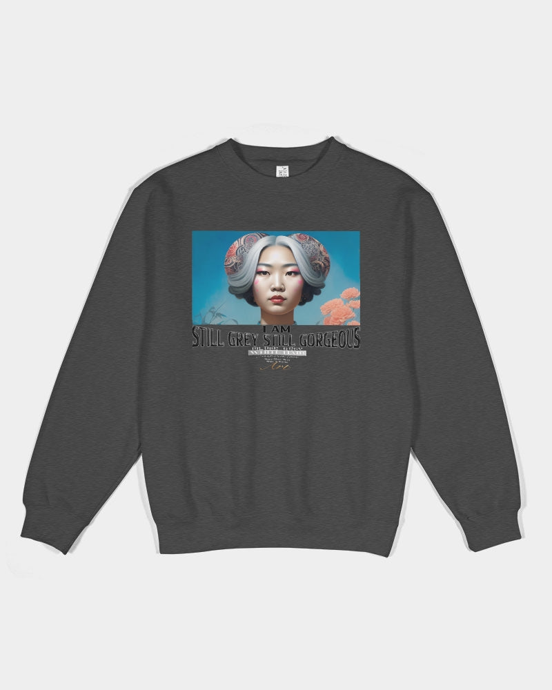 Promoting Asian women with silver grey Unisex Premium Crewneck Sweatshirt | Lane Seven