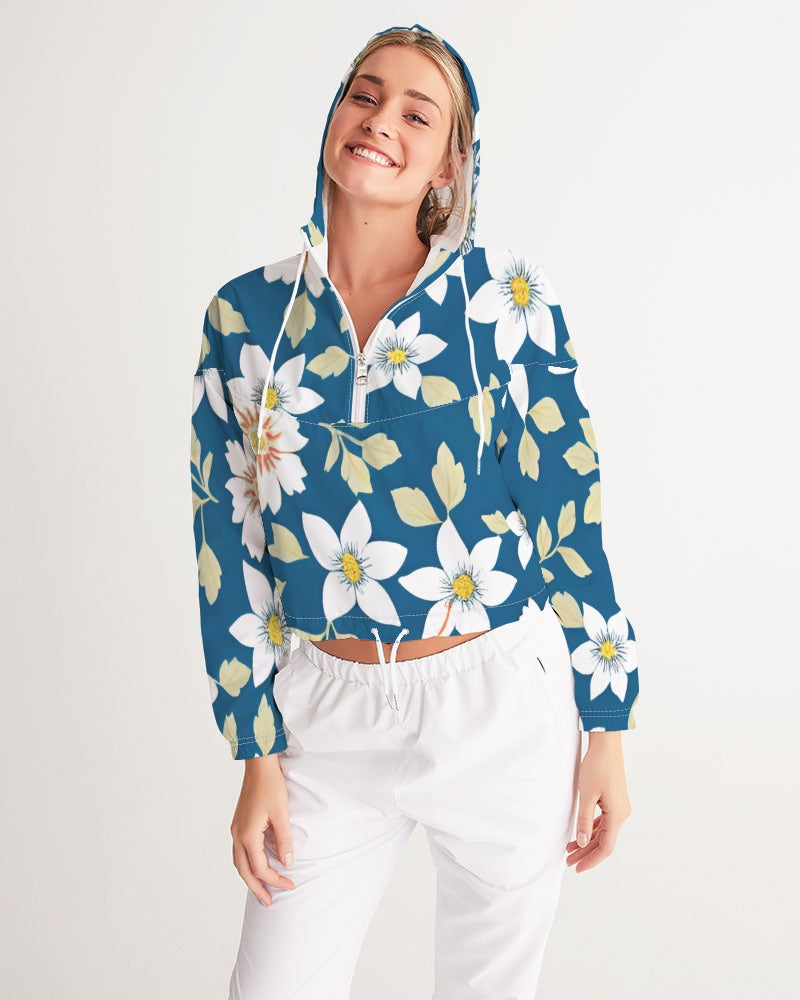 Dark blue background and white flower pattern Women's All-Over Print Cropped Windbreaker