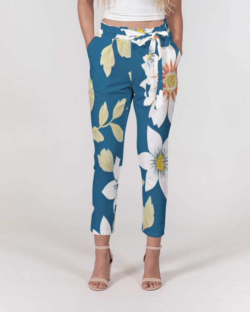 Dark blue background and white flower pattern Women's All-Over Print Belted Tapered Pants