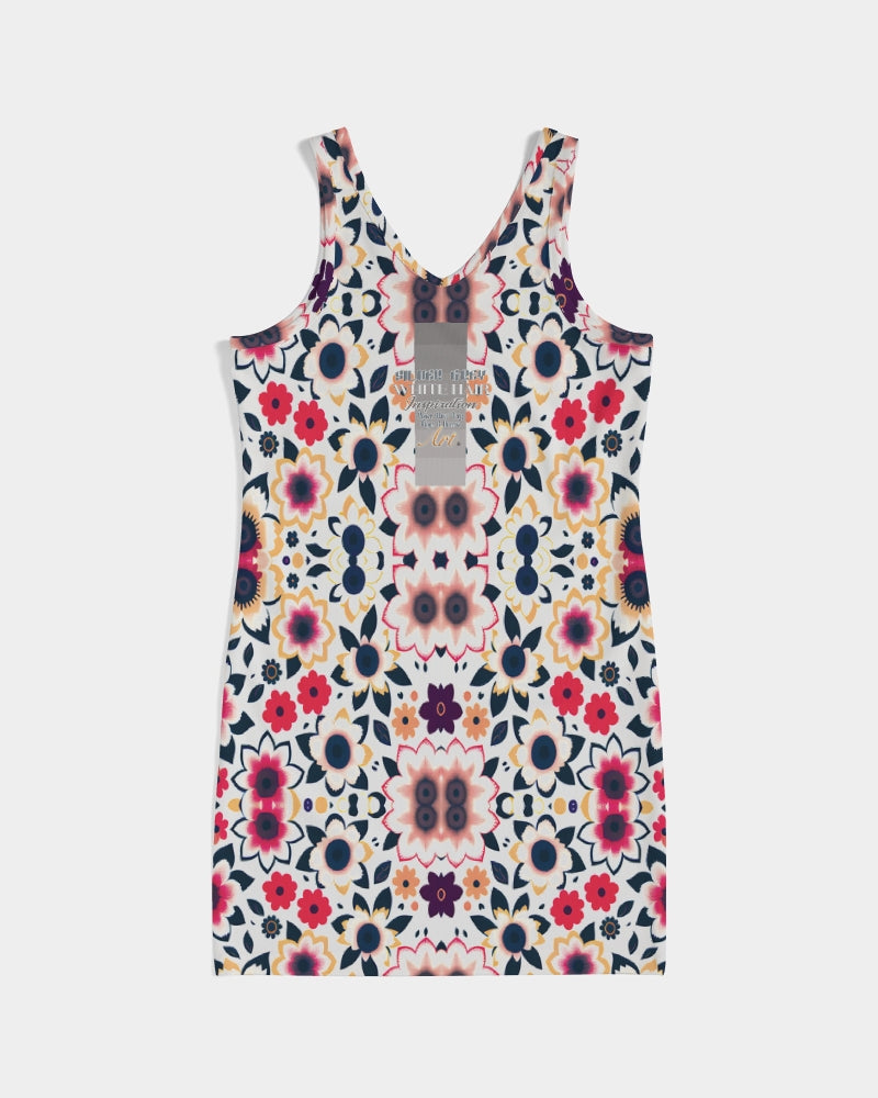 Abstract flower pattern Women's All-Over PrintRib Knit V Neck Mini Dress