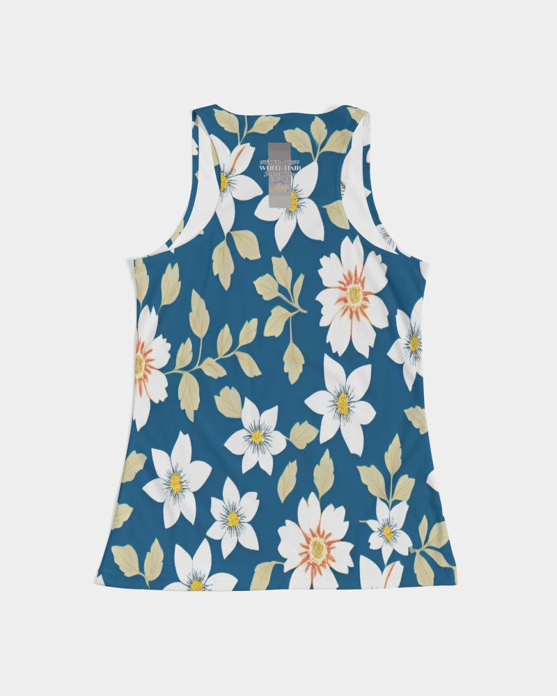 Dark blue background and white flower pattern Women's All-Over Print Tank