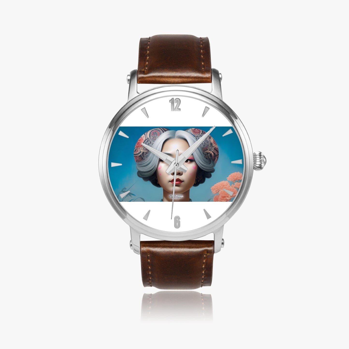 Asian woman clock face Silver grey white hair inspiration 46mm Unisex Automatic Watch (Silver)