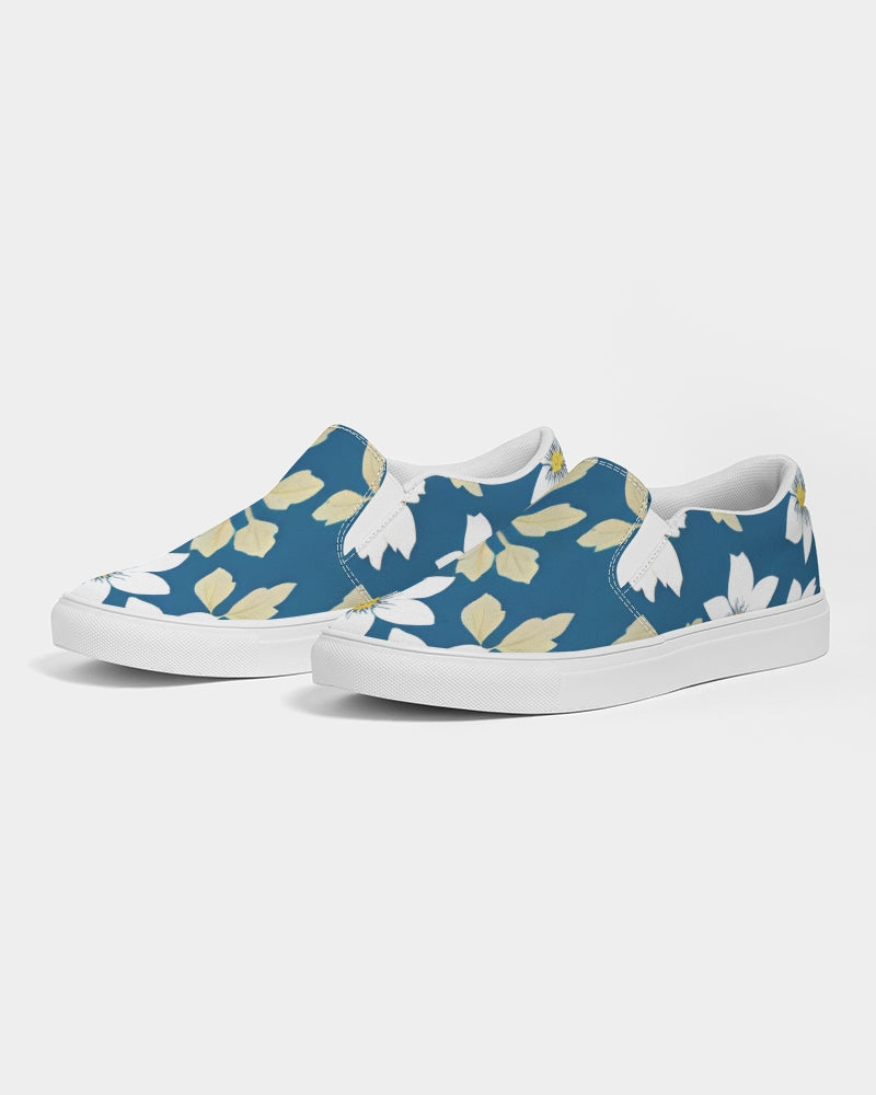 Dark blue background and white flower pattern Women's Slip-On Canvas Shoe