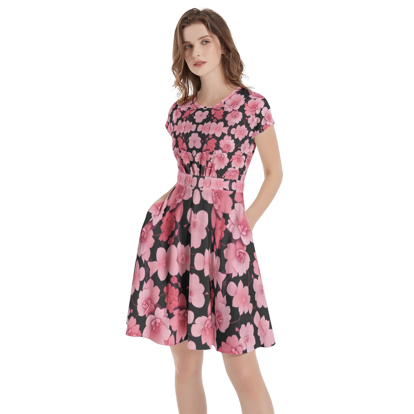 Silver grey white hair inspiration Sleeve  Casual A-Line pink flower Midi Dress