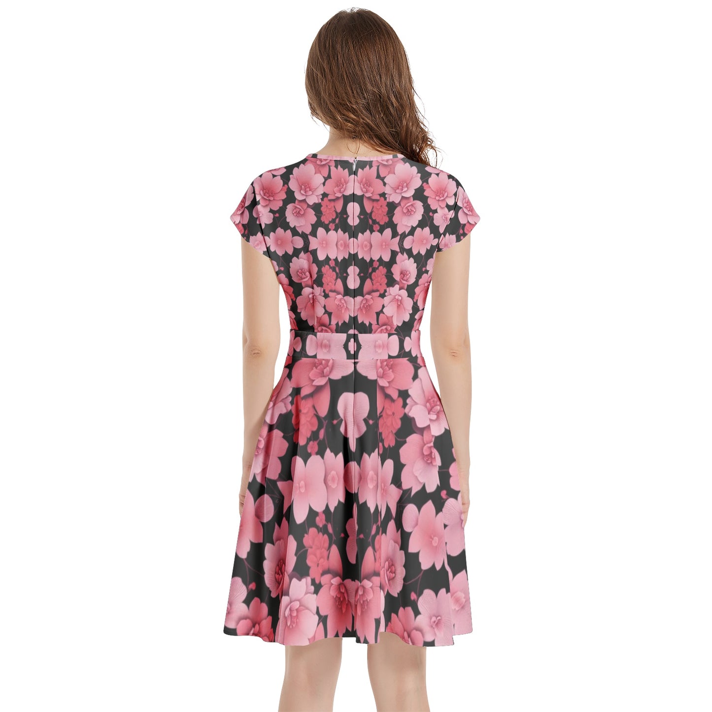 Silver grey white hair inspiration Sleeve  Casual A-Line pink flower Midi Dress