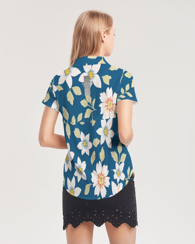 Dark blue background and white flower pattern Women's All-Over Print Short Sleeve Button Up